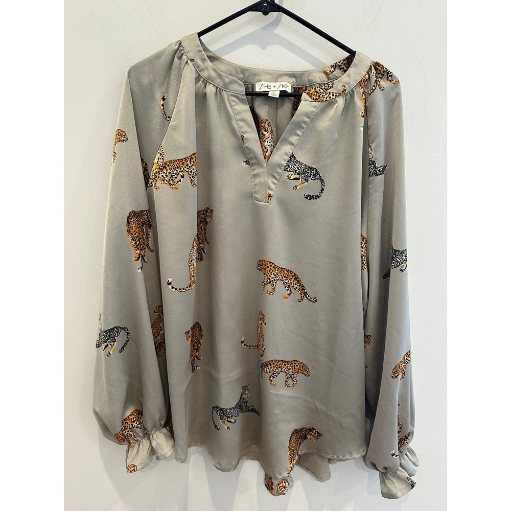 She + Sky Sage Grey Leopard Cheetah Print V-Neck Ruffle Cuff Blouse XL
